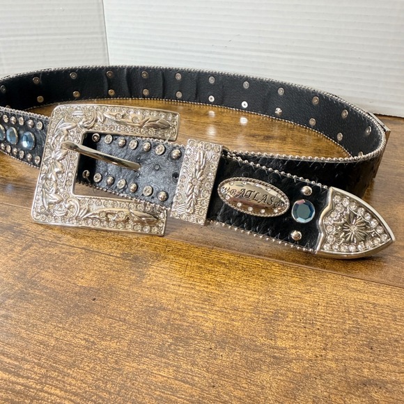 ATLAS Rhinestone Western Bling Belt Size 30-35 Black Embellished Silver Buckle - Picture 16 of 16